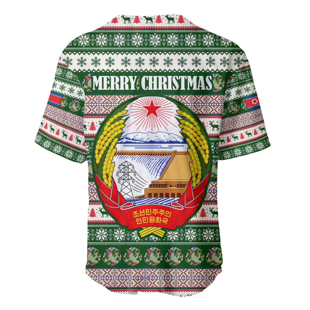 North Korea Christmas Baseball Jersey with Green-Red Design, National Emblem, and Festive Snowflake Motif - Wonder Print Shop