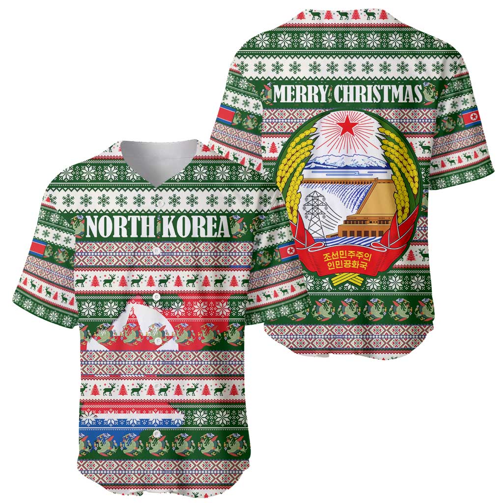 North Korea Christmas Baseball Jersey with Green-Red Design, National Emblem, and Festive Snowflake Motif - Wonder Print Shop