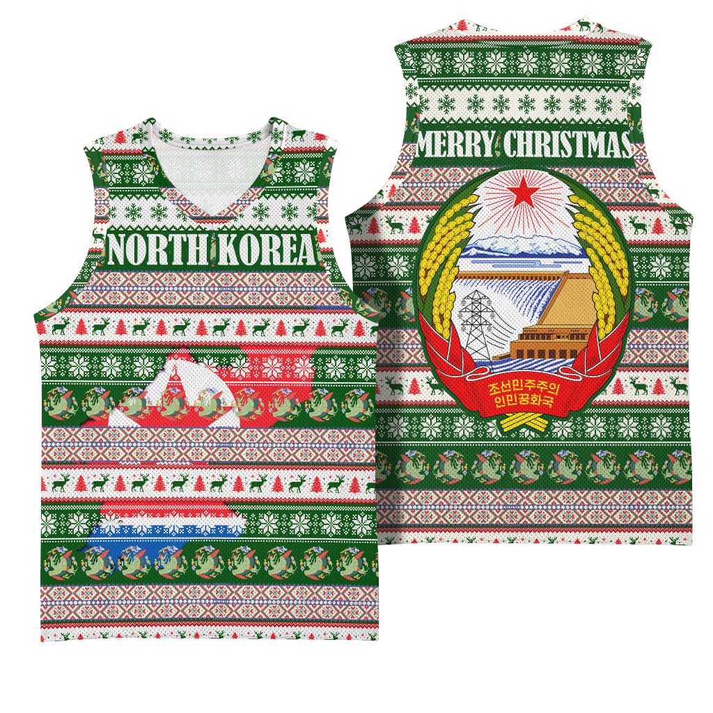 North Korea Christmas Basketball Jersey with Green-Red Design, National Emblem, and Festive Snowflake Motif - Wonder Print Shop