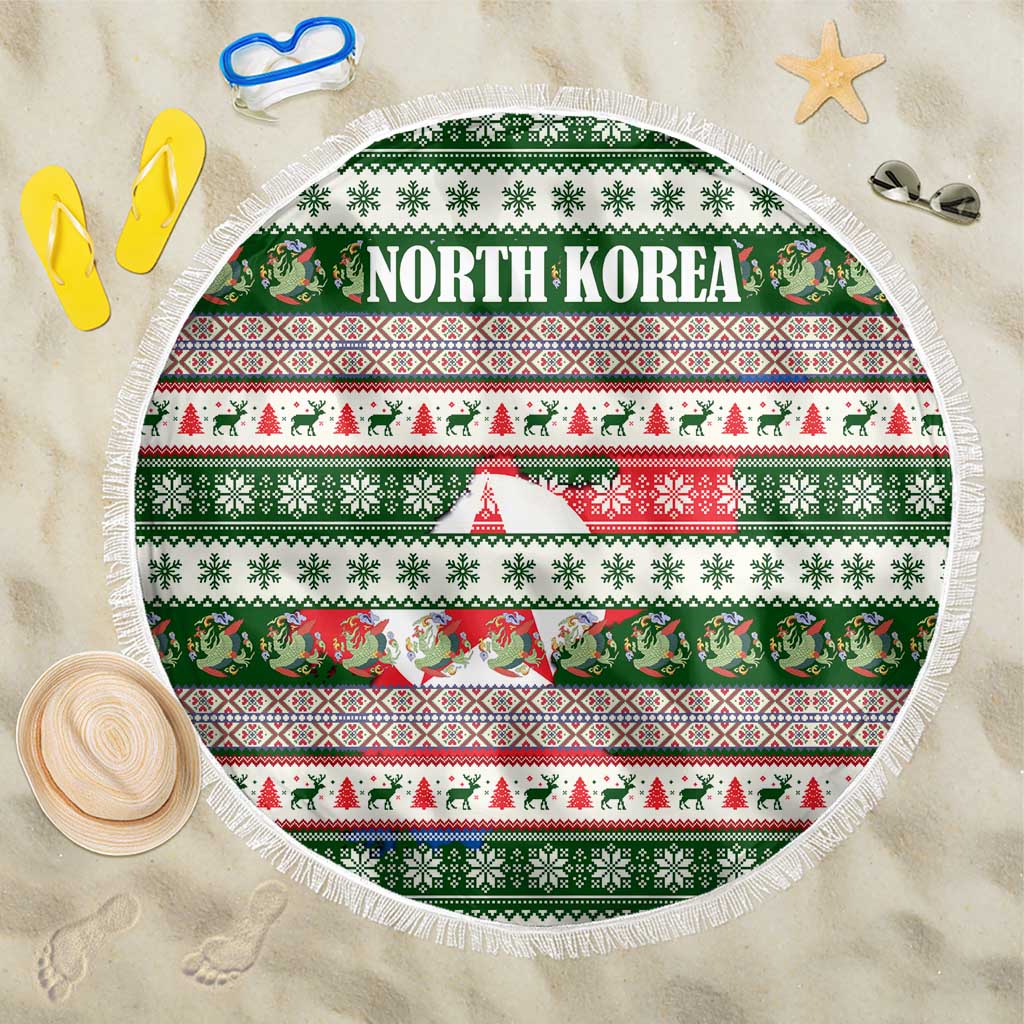 North Korea Christmas Beach Blanket with Green-Red Design, National Emblem, and Festive Snowflake Motif - Wonder Print Shop