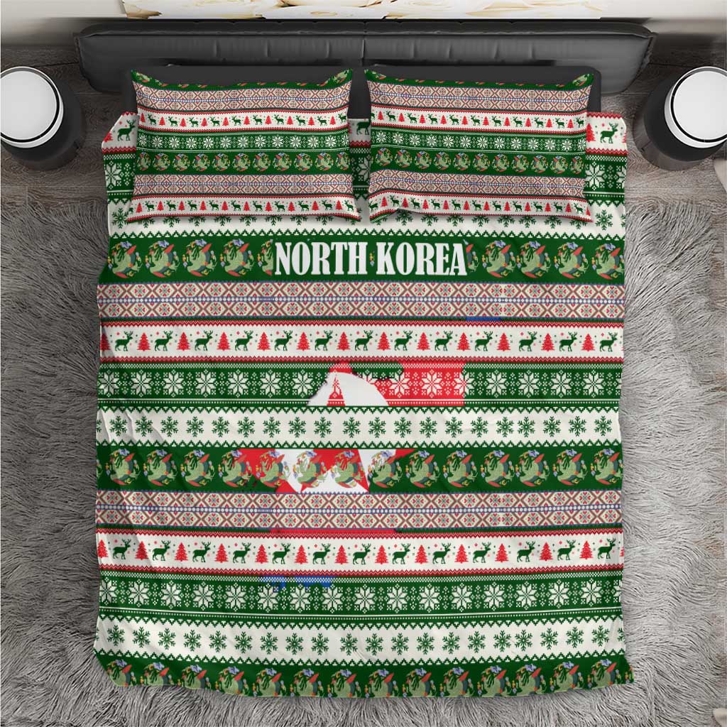 North Korea Christmas Bedding Set with Green-Red Design, National Emblem, and Festive Snowflake Motif - Wonder Print Shop