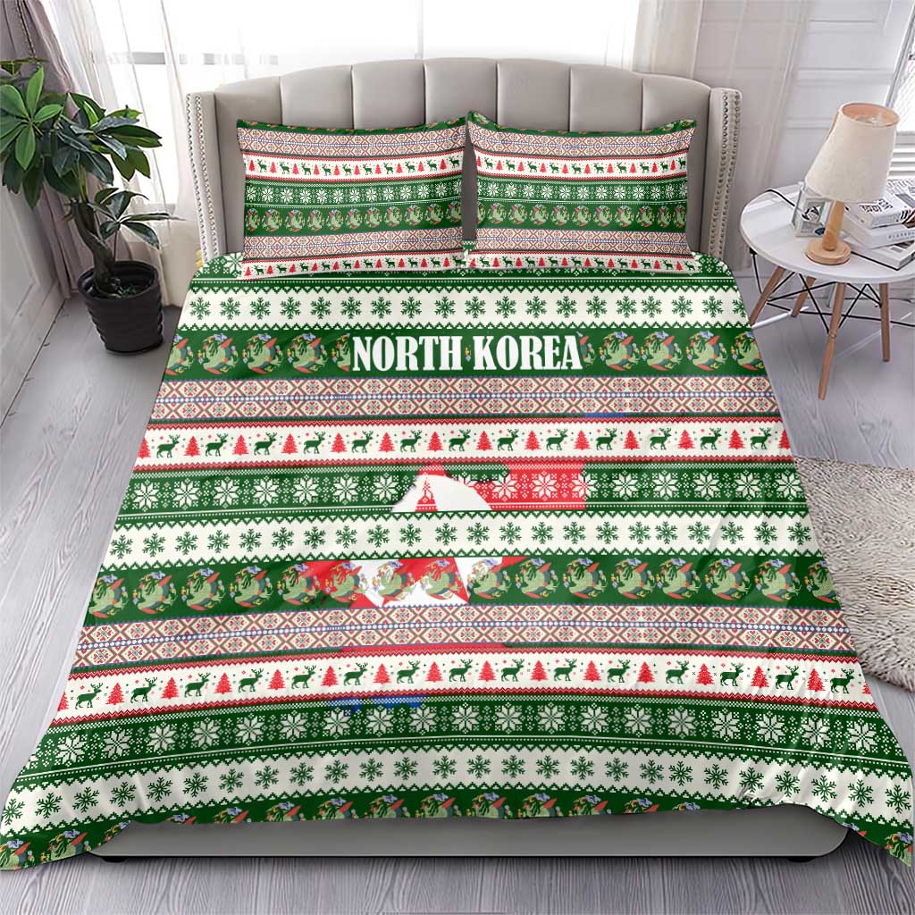 North Korea Christmas Bedding Set with Green-Red Design, National Emblem, and Festive Snowflake Motif - Wonder Print Shop