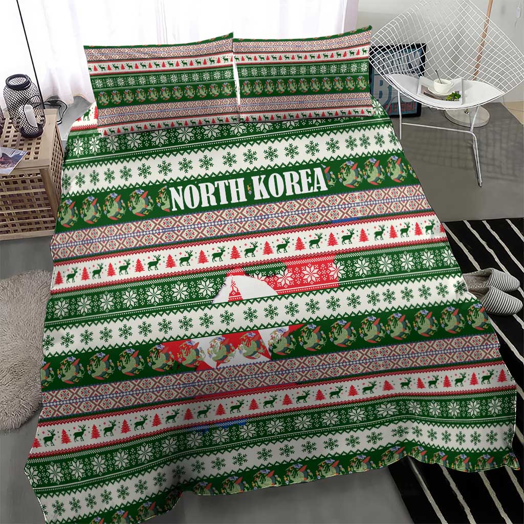 North Korea Christmas Bedding Set with Green-Red Design, National Emblem, and Festive Snowflake Motif - Wonder Print Shop