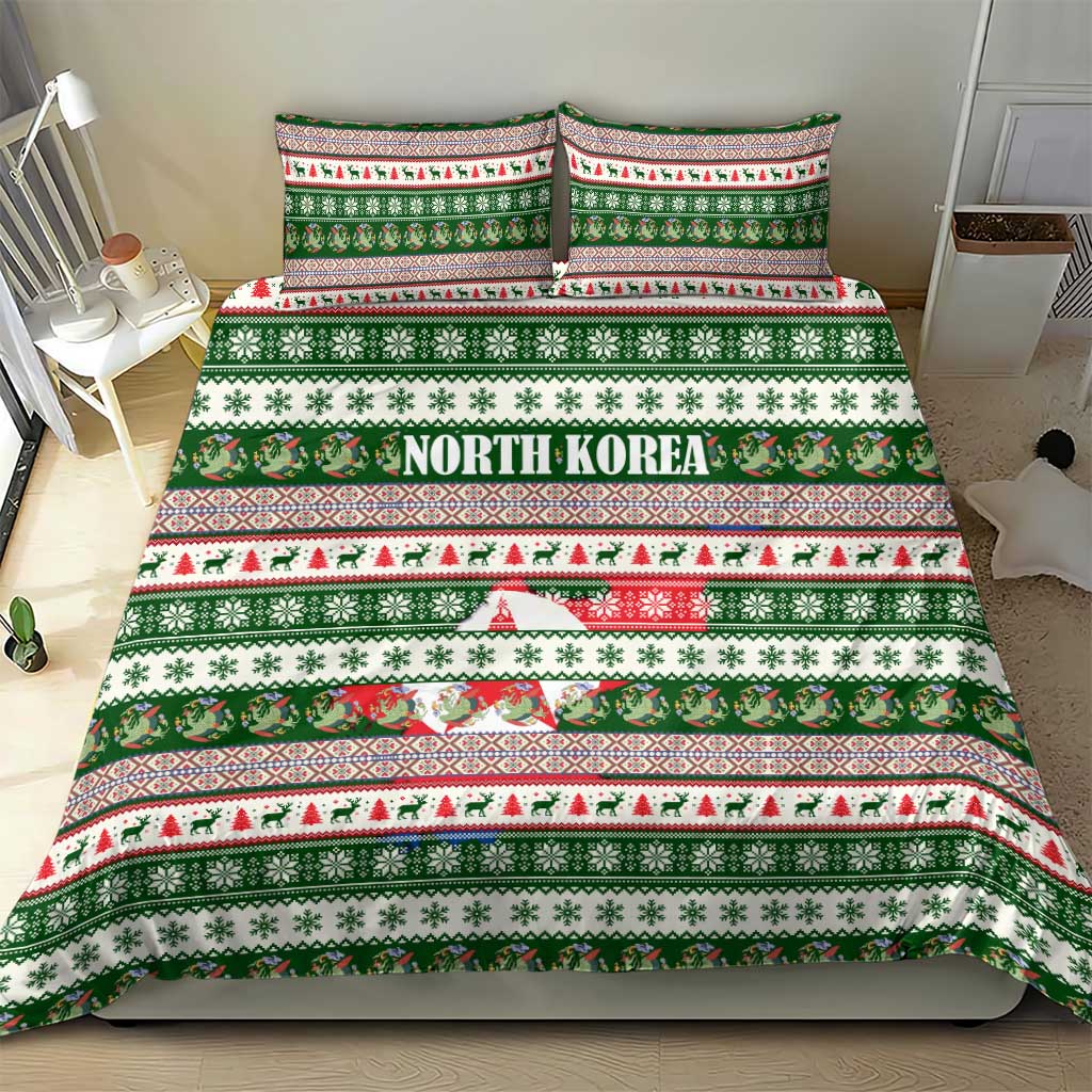 North Korea Christmas Bedding Set with Green-Red Design, National Emblem, and Festive Snowflake Motif - Wonder Print Shop