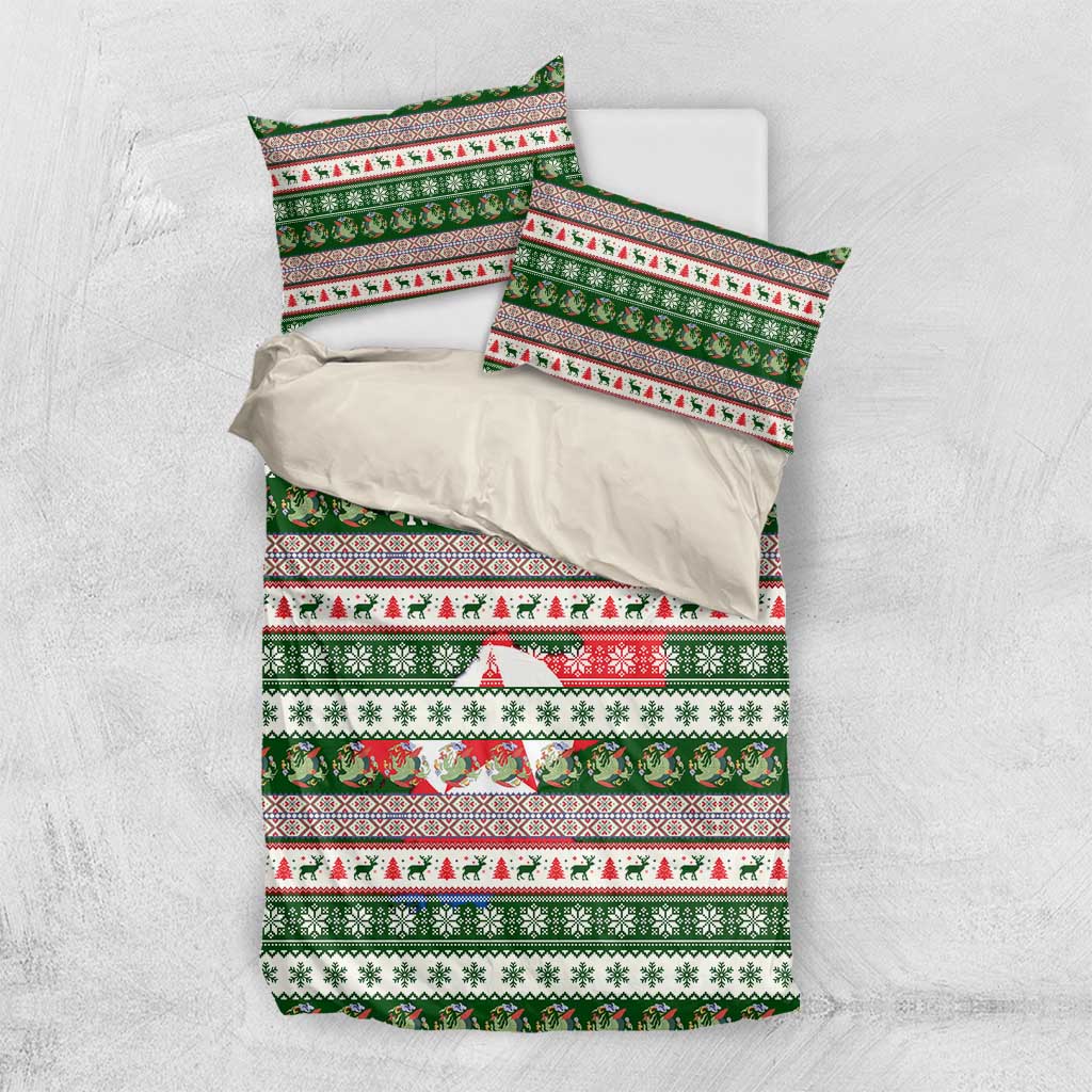 North Korea Christmas Bedding Set with Green-Red Design, National Emblem, and Festive Snowflake Motif - Wonder Print Shop