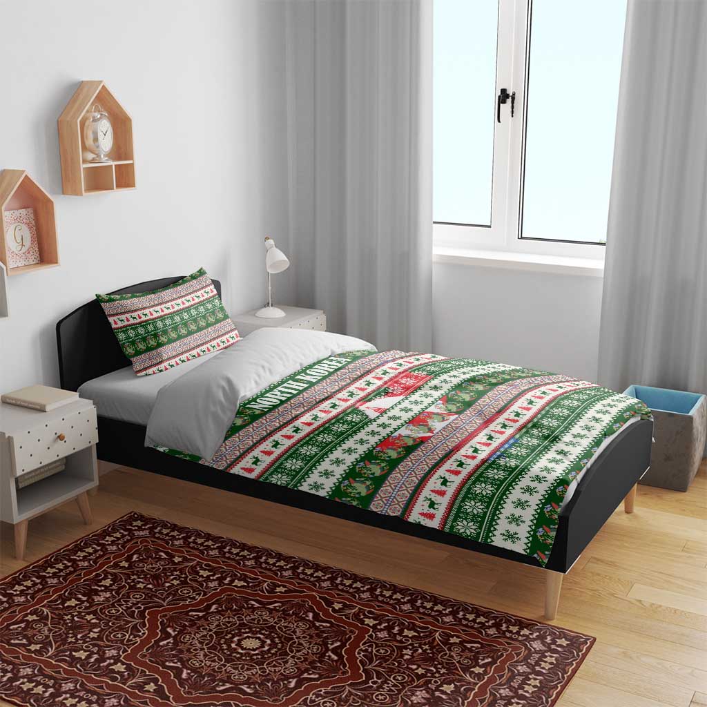 North Korea Christmas Bedding Set with Green-Red Design, National Emblem, and Festive Snowflake Motif - Wonder Print Shop