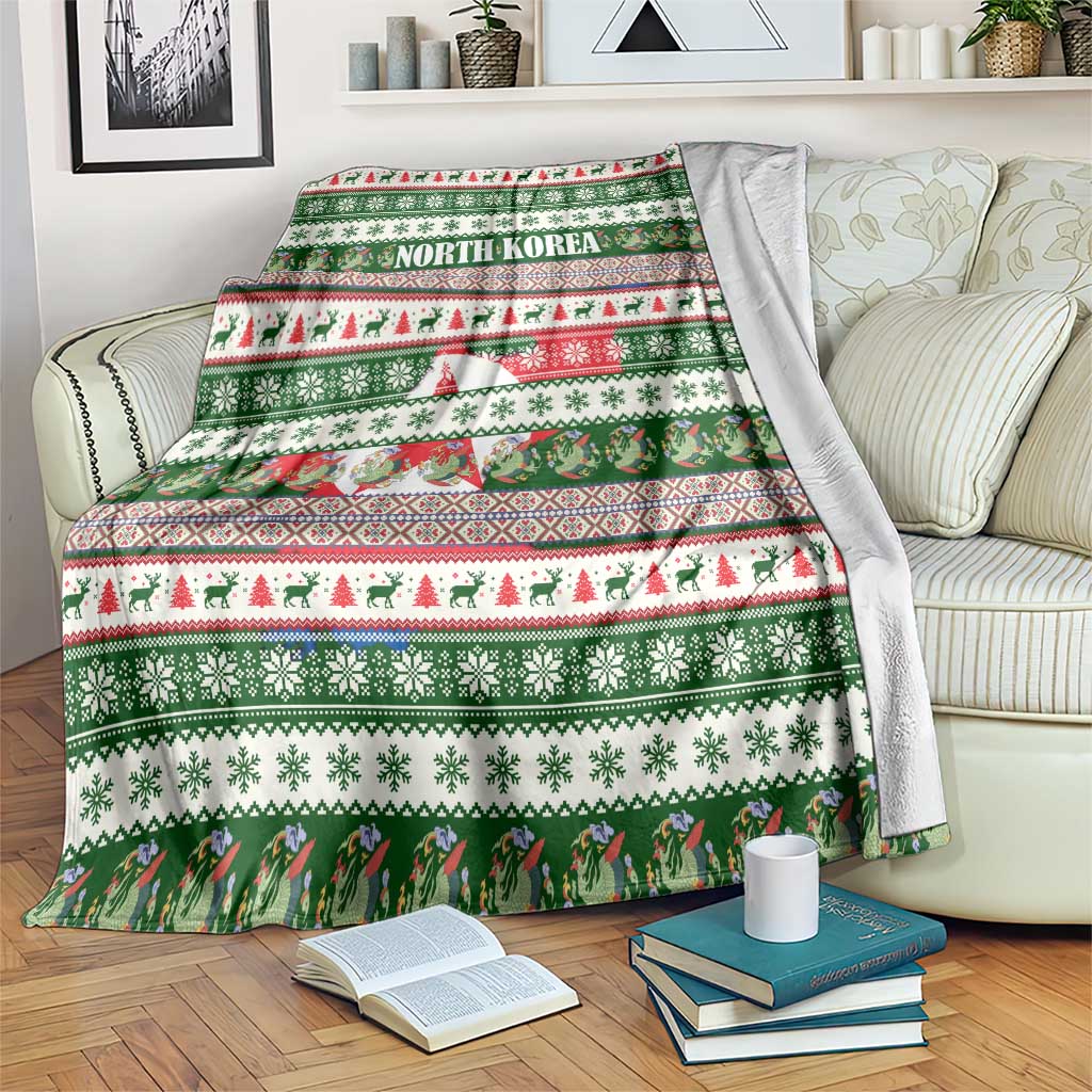 North Korea Christmas Blanket with Green-Red Design, National Emblem, and Festive Snowflake Motif - Wonder Print Shop