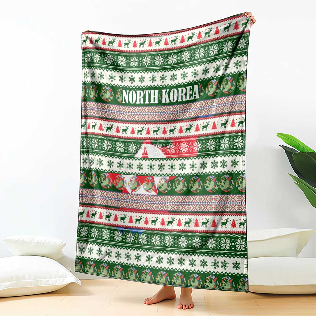North Korea Christmas Blanket with Green-Red Design, National Emblem, and Festive Snowflake Motif - Wonder Print Shop