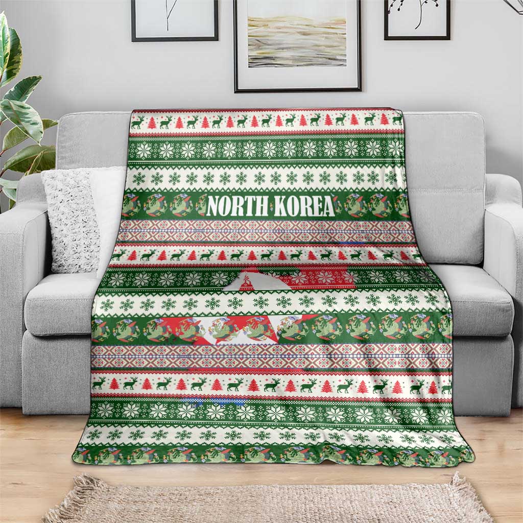 North Korea Christmas Blanket with Green-Red Design, National Emblem, and Festive Snowflake Motif - Wonder Print Shop