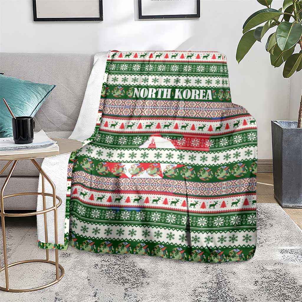 North Korea Christmas Blanket with Green-Red Design, National Emblem, and Festive Snowflake Motif - Wonder Print Shop