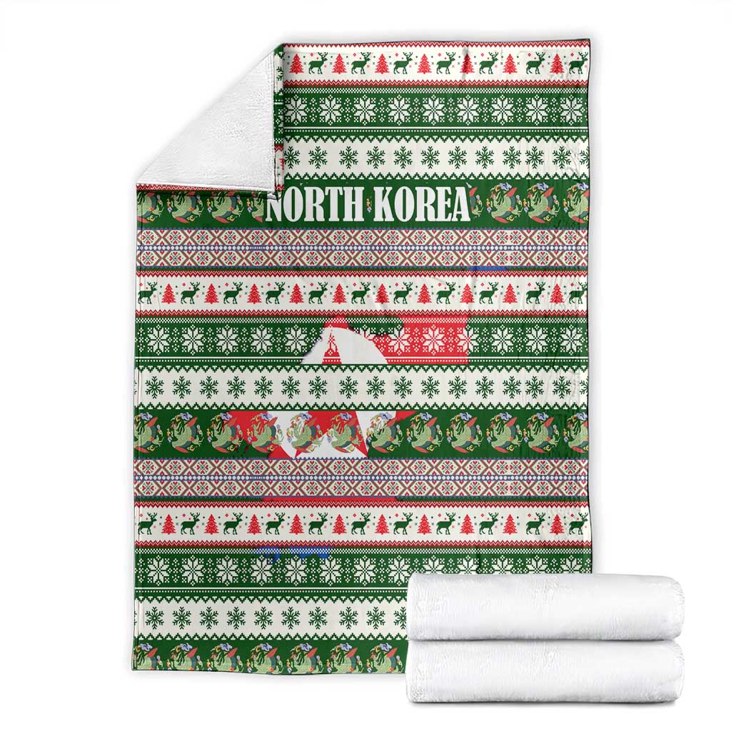 North Korea Christmas Blanket with Green-Red Design, National Emblem, and Festive Snowflake Motif - Wonder Print Shop