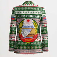 North Korea Christmas Blazer with Green-Red Design, National Emblem, and Festive Snowflake Motif - Wonder Print Shop