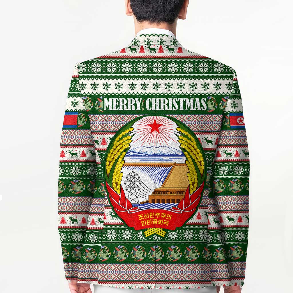 North Korea Christmas Blazer with Green-Red Design, National Emblem, and Festive Snowflake Motif - Wonder Print Shop