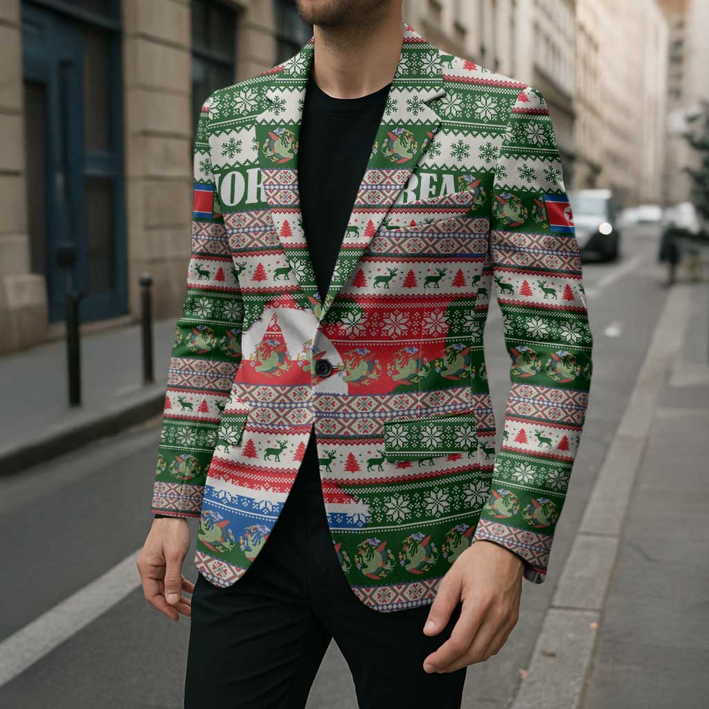 North Korea Christmas Blazer with Green-Red Design, National Emblem, and Festive Snowflake Motif - Wonder Print Shop