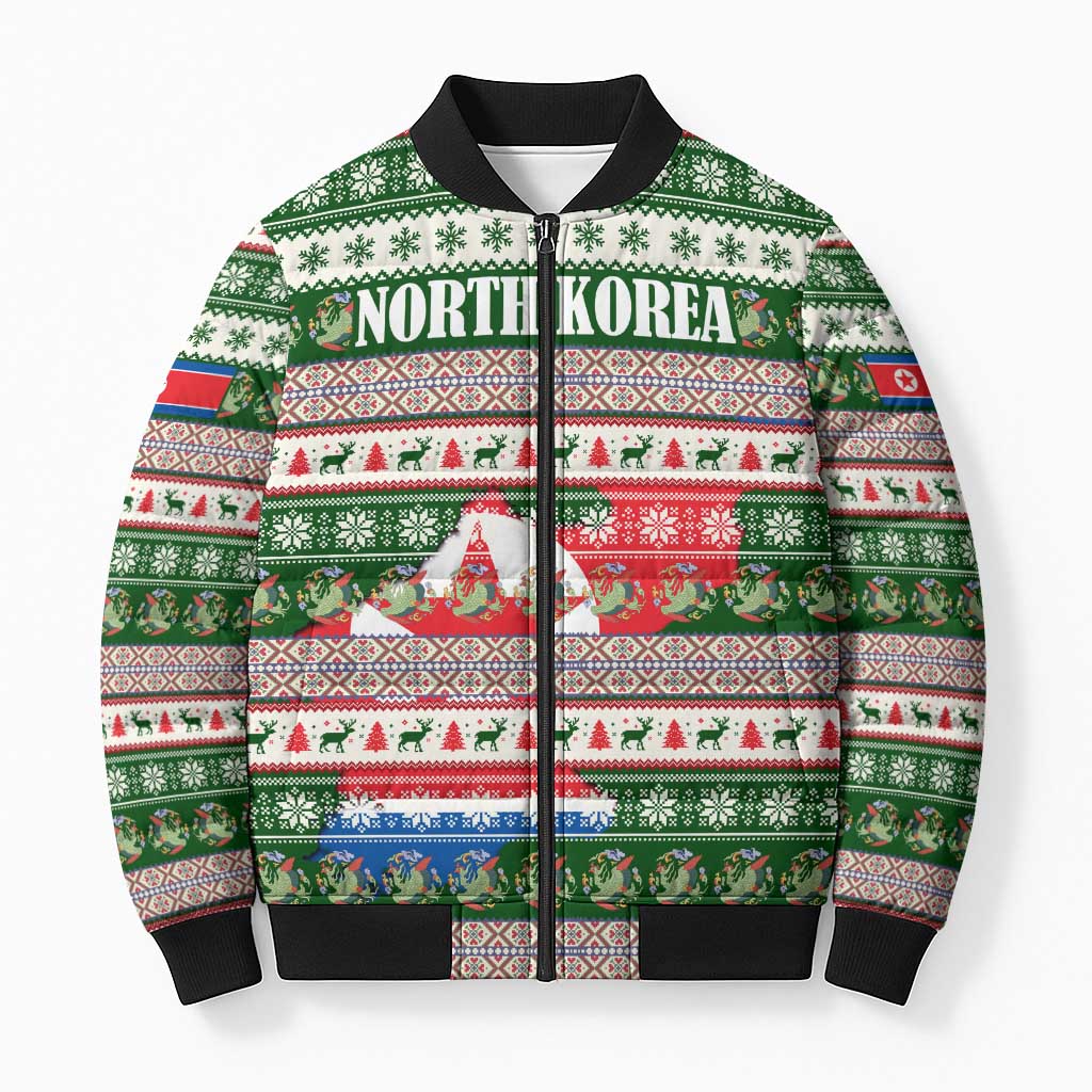North Korea Christmas Bomber Puffer Jacket with Green-Red Design, National Emblem, and Festive Snowflake Motif - Wonder Print Shop
