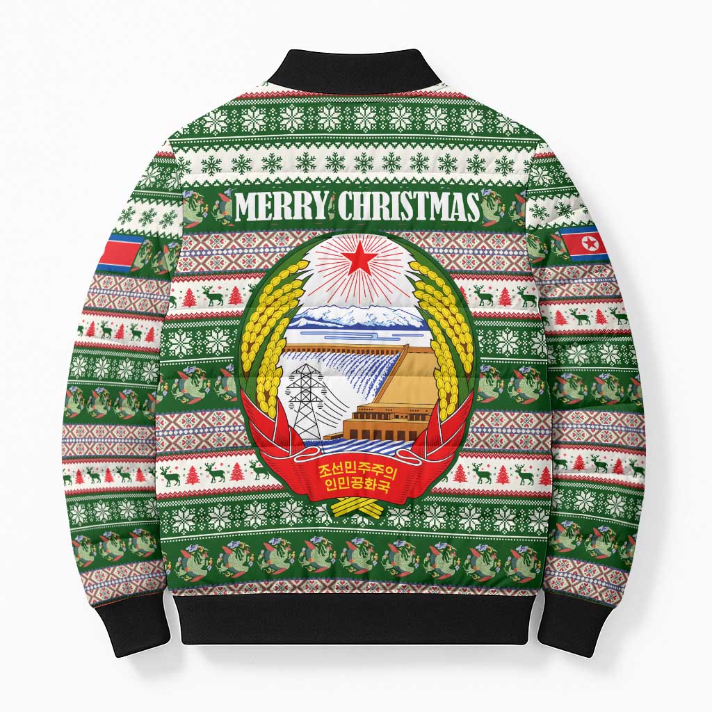North Korea Christmas Bomber Puffer Jacket with Green-Red Design, National Emblem, and Festive Snowflake Motif - Wonder Print Shop