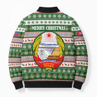 North Korea Christmas Bomber Puffer Jacket with Green-Red Design, National Emblem, and Festive Snowflake Motif - Wonder Print Shop