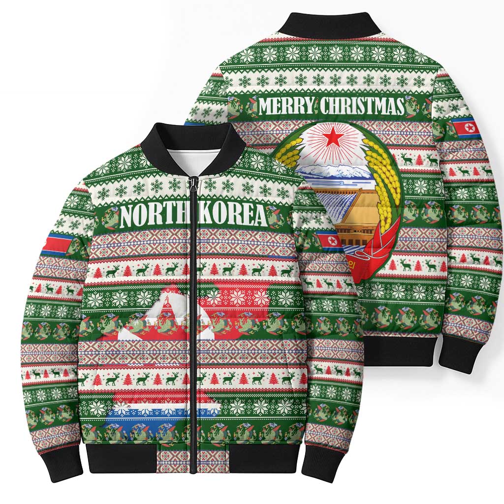 North Korea Christmas Bomber Puffer Jacket with Green-Red Design, National Emblem, and Festive Snowflake Motif - Wonder Print Shop