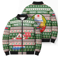 North Korea Christmas Bomber Puffer Jacket with Green-Red Design, National Emblem, and Festive Snowflake Motif - Wonder Print Shop