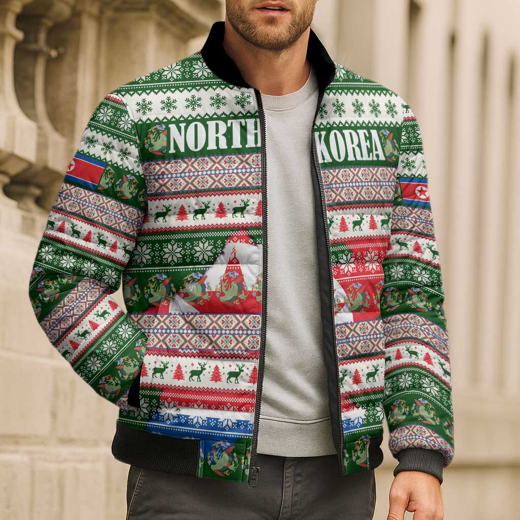 North Korea Christmas Bomber Puffer Jacket with Green-Red Design, National Emblem, and Festive Snowflake Motif - Wonder Print Shop