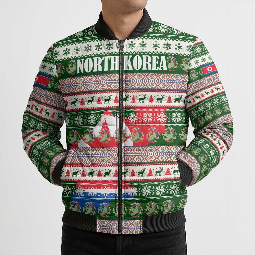 North Korea Christmas Bomber Puffer Jacket with Green-Red Design, National Emblem, and Festive Snowflake Motif - Wonder Print Shop