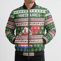 North Korea Christmas Bomber Puffer Jacket with Green-Red Design, National Emblem, and Festive Snowflake Motif - Wonder Print Shop