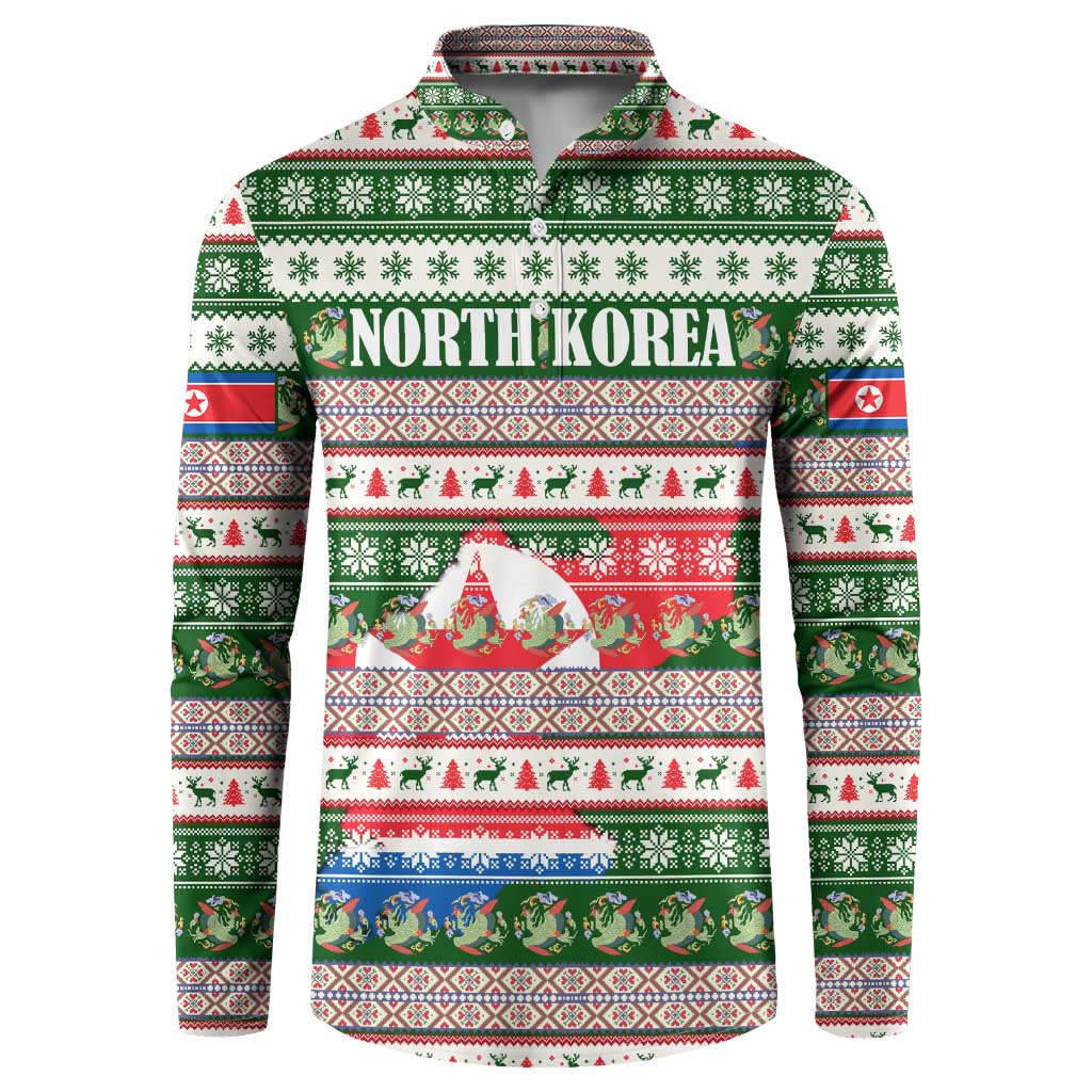North Korea Christmas Button Sweatshirt with Green-Red Design, National Emblem, and Festive Snowflake Motif - Wonder Print Shop