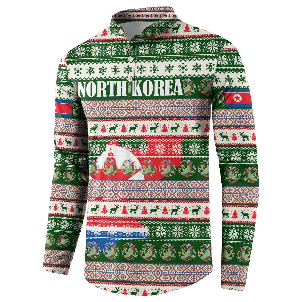 North Korea Christmas Button Sweatshirt with Green-Red Design, National Emblem, and Festive Snowflake Motif - Wonder Print Shop