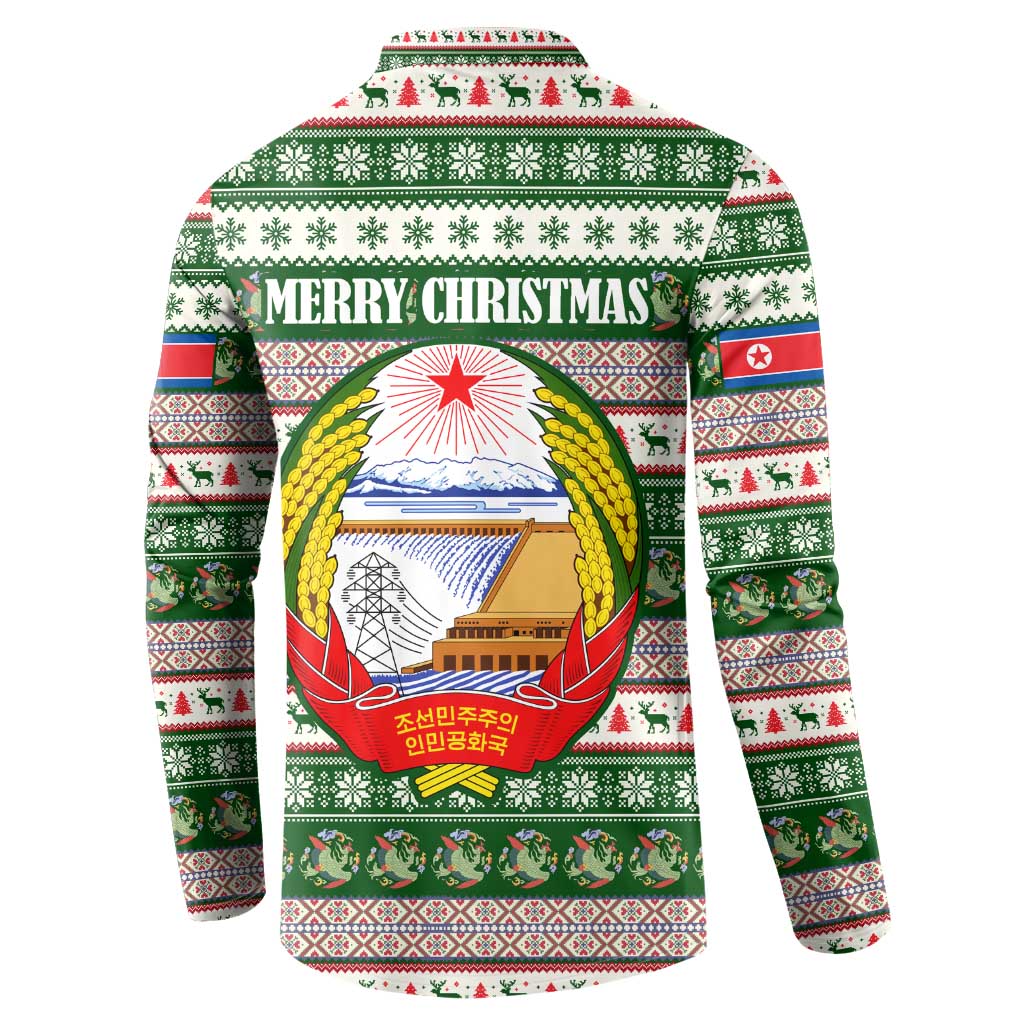 North Korea Christmas Button Sweatshirt with Green-Red Design, National Emblem, and Festive Snowflake Motif - Wonder Print Shop