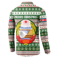 North Korea Christmas Button Sweatshirt with Green-Red Design, National Emblem, and Festive Snowflake Motif - Wonder Print Shop