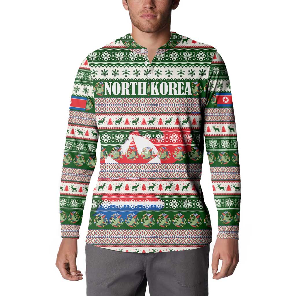North Korea Christmas Button Sweatshirt with Green-Red Design, National Emblem, and Festive Snowflake Motif - Wonder Print Shop