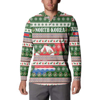 North Korea Christmas Button Sweatshirt with Green-Red Design, National Emblem, and Festive Snowflake Motif - Wonder Print Shop