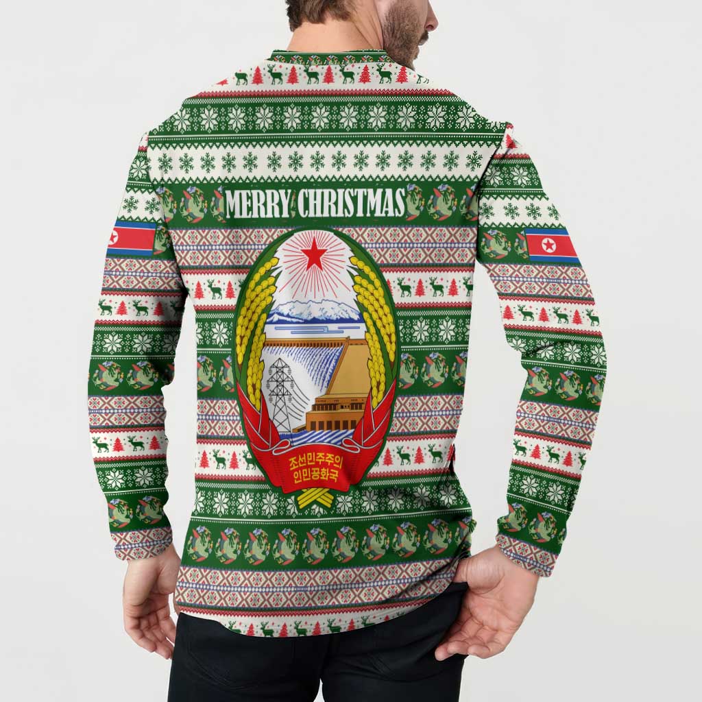 North Korea Christmas Button Sweatshirt with Green-Red Design, National Emblem, and Festive Snowflake Motif - Wonder Print Shop