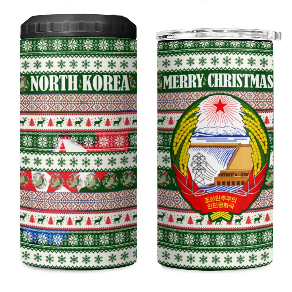 North Korea Christmas 4 in 1 Can Cooler Tumbler with Green-Red Design, National Emblem, and Festive Snowflake Motif - Wonder Print Shop