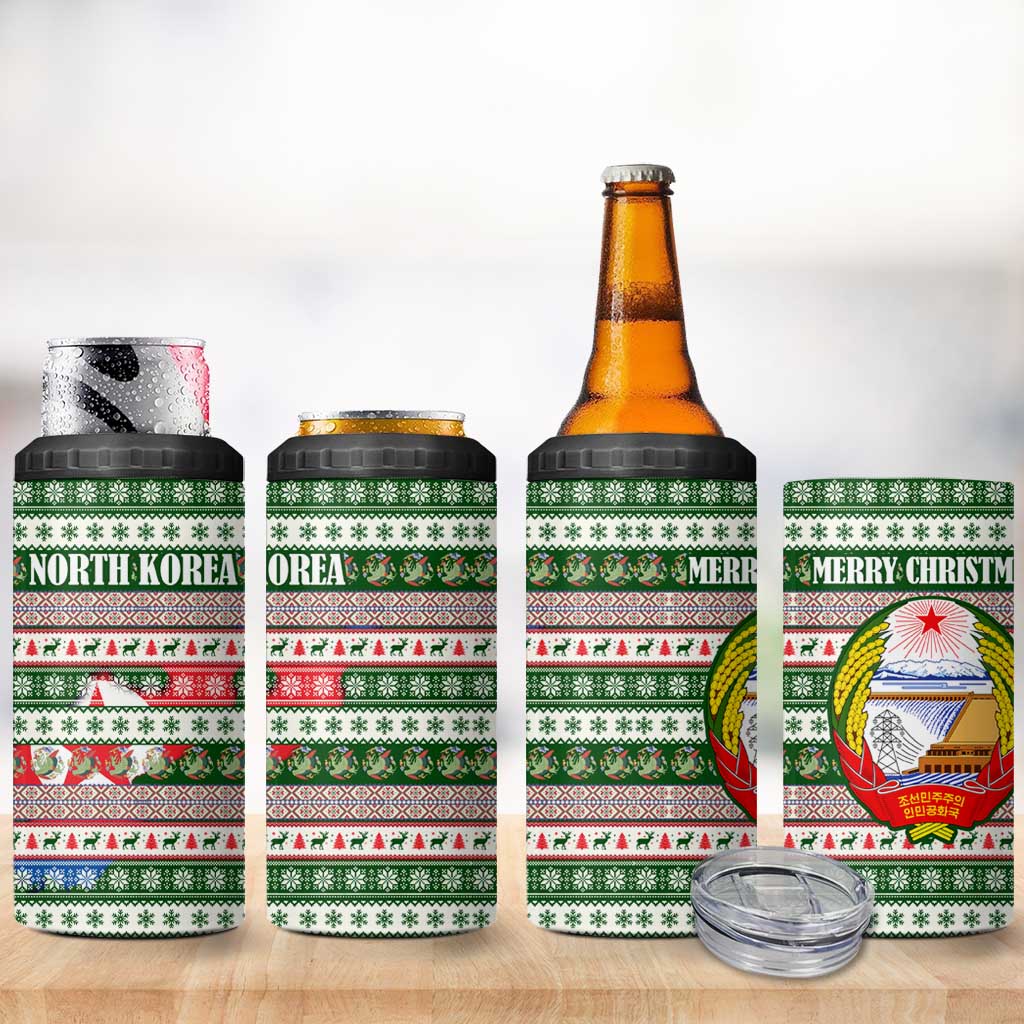 North Korea Christmas 4 in 1 Can Cooler Tumbler with Green-Red Design, National Emblem, and Festive Snowflake Motif - Wonder Print Shop