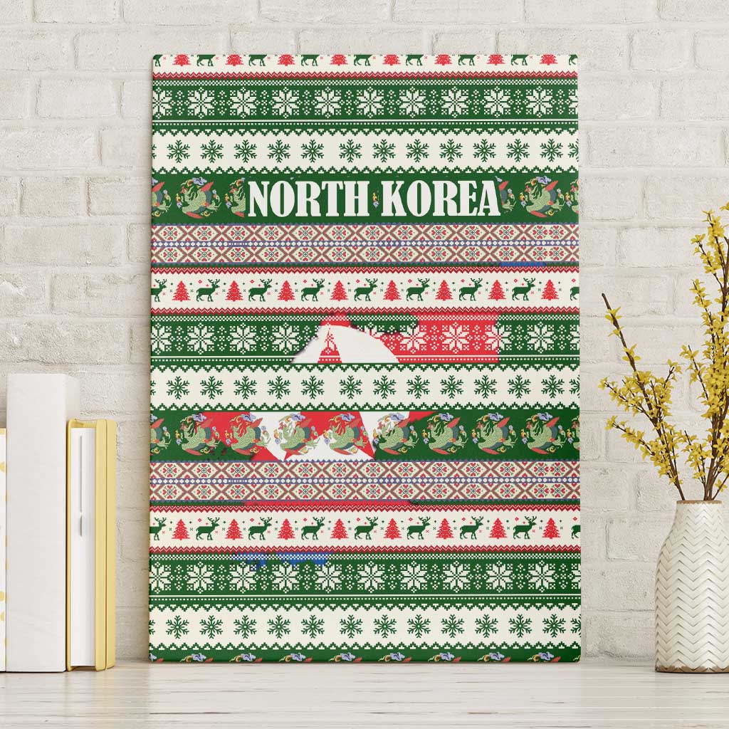 North Korea Christmas Canvas Wall Art with Green-Red Design, National Emblem, and Festive Snowflake Motif - Wonder Print Shop
