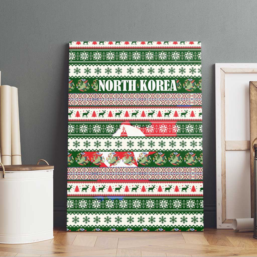 North Korea Christmas Canvas Wall Art with Green-Red Design, National Emblem, and Festive Snowflake Motif - Wonder Print Shop