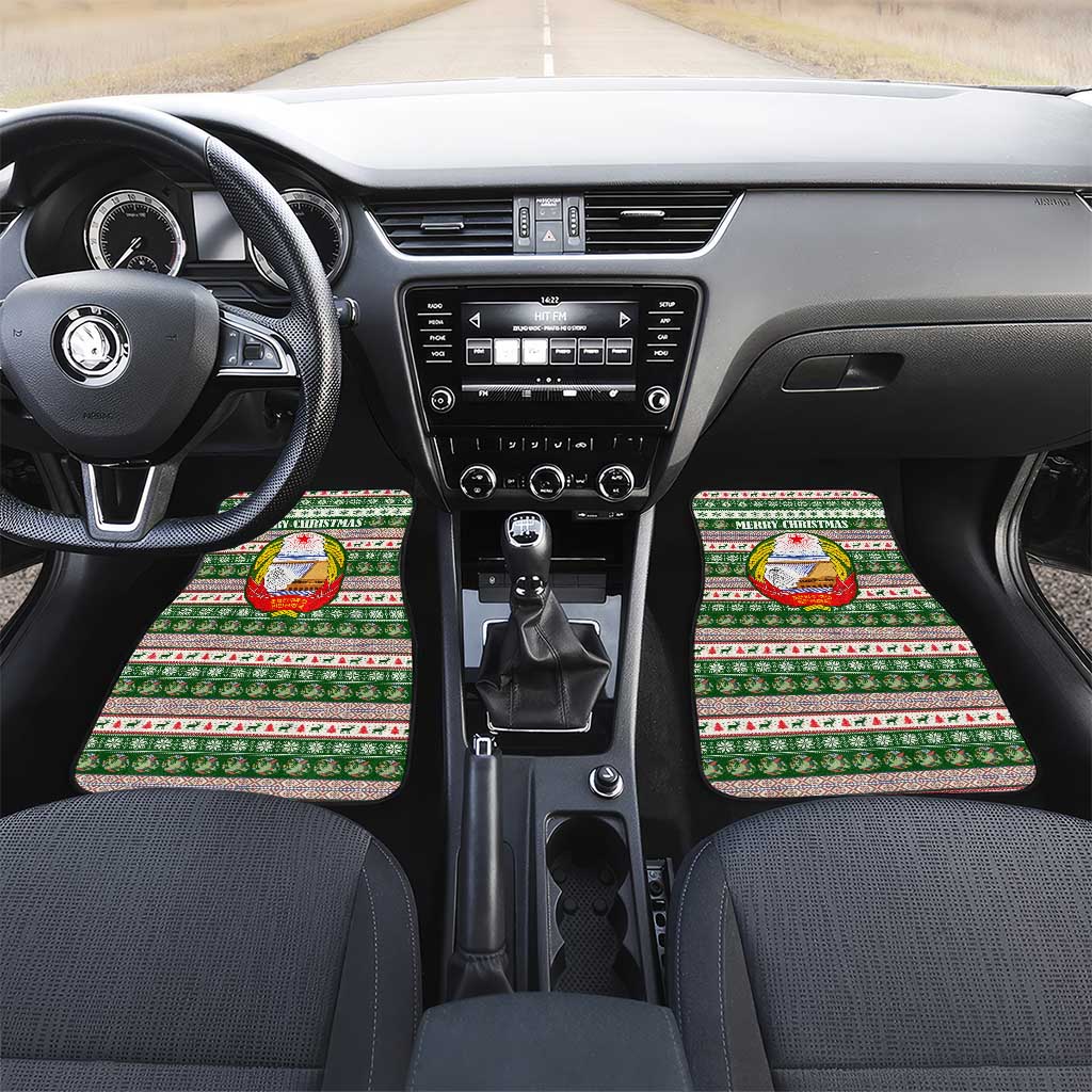 North Korea Christmas Car Mats with Green-Red Design, National Emblem, and Festive Snowflake Motif - Wonder Print Shop