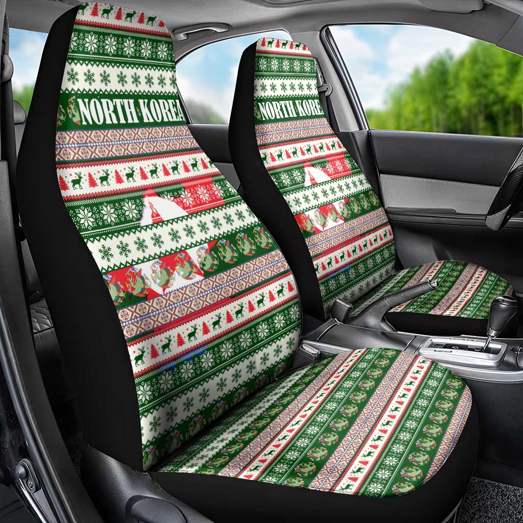 North Korea Christmas Car Seat Cover with Green-Red Design, National Emblem, and Festive Snowflake Motif - Wonder Print Shop