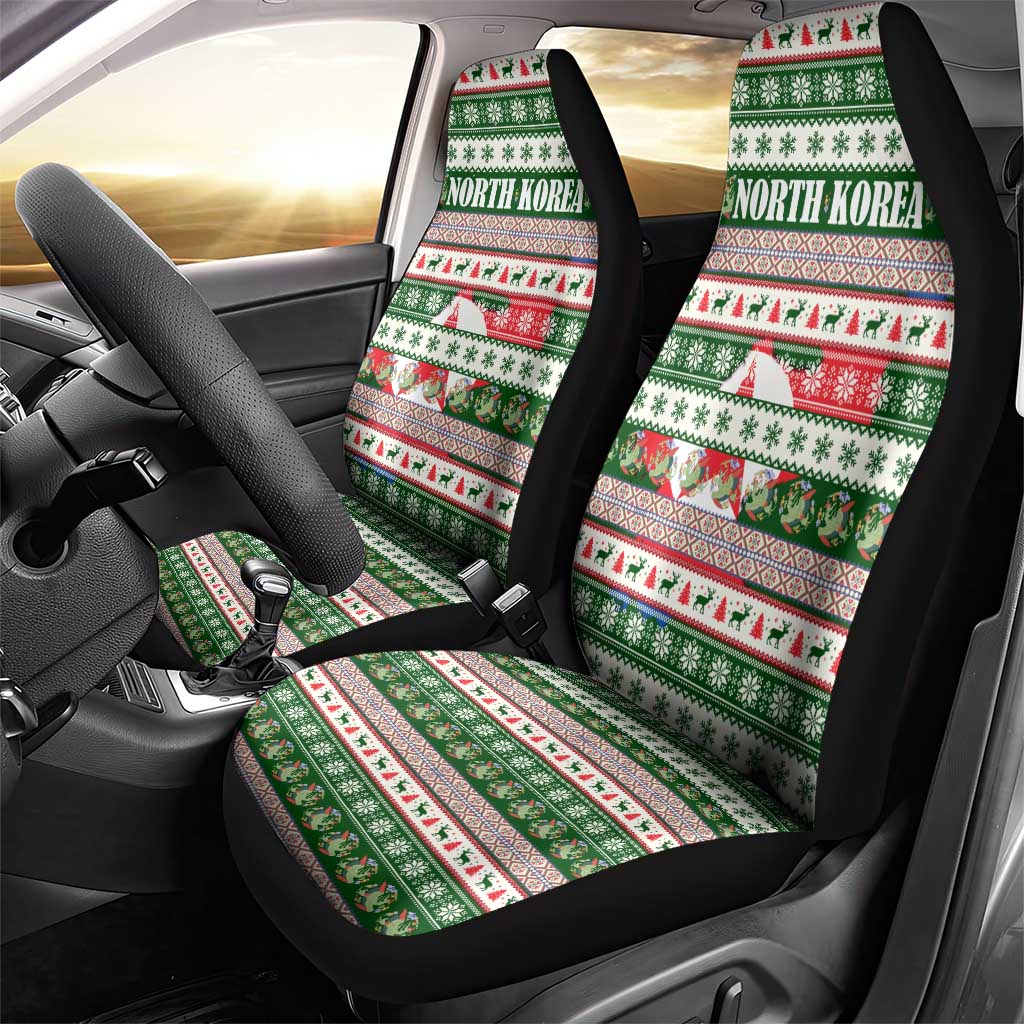 North Korea Christmas Car Seat Cover with Green-Red Design, National Emblem, and Festive Snowflake Motif - Wonder Print Shop