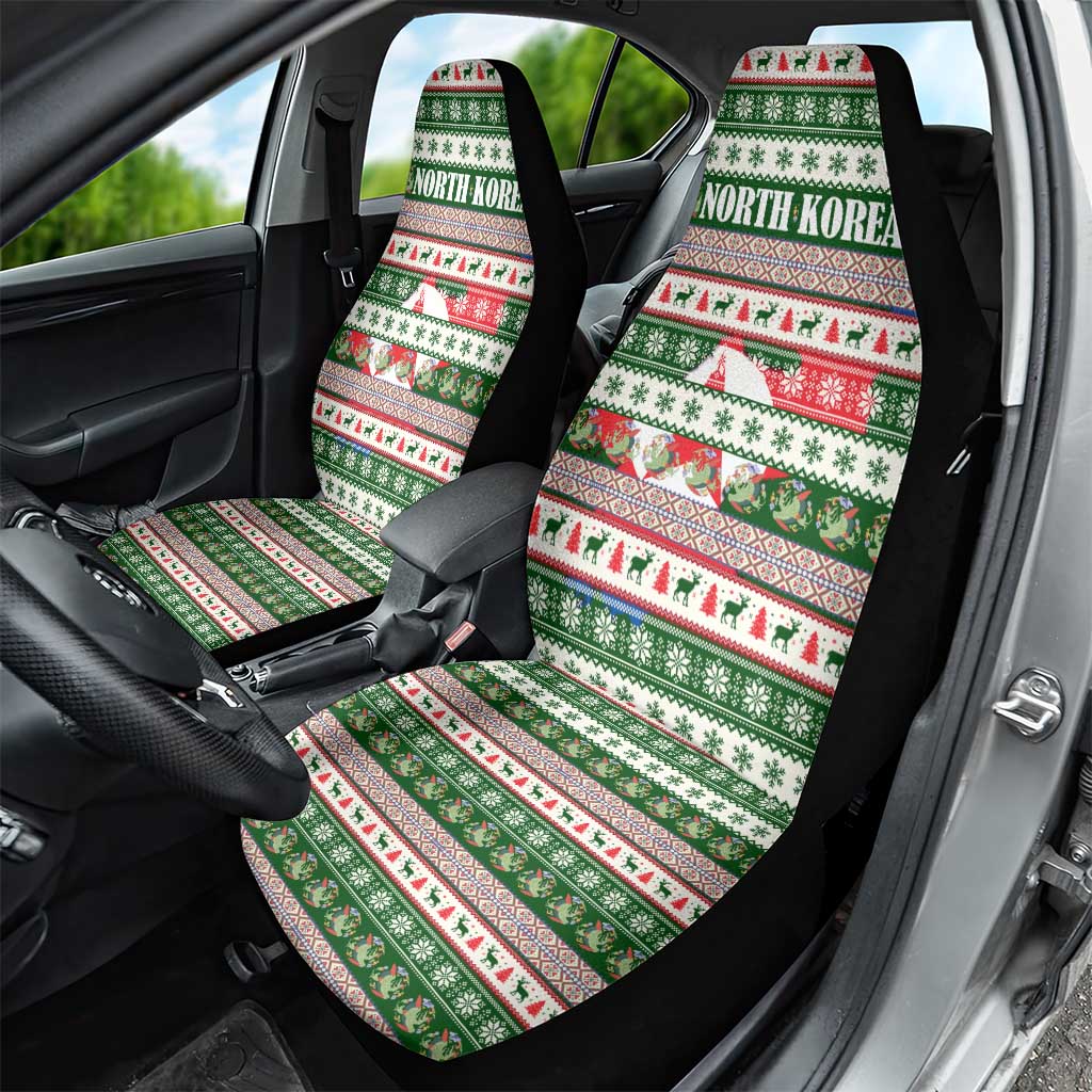 North Korea Christmas Car Seat Cover with Green-Red Design, National Emblem, and Festive Snowflake Motif - Wonder Print Shop