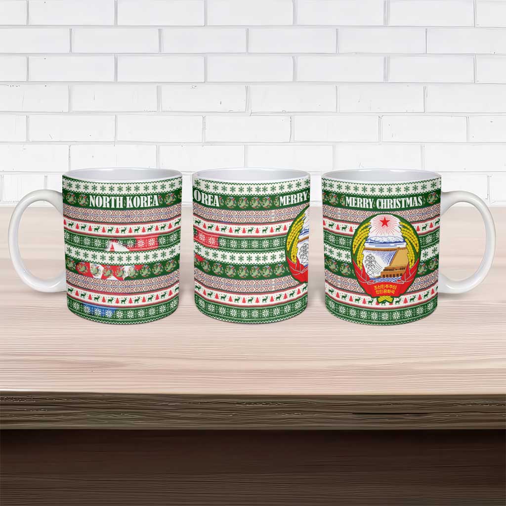 North Korea Christmas Ceramic Mug with Green-Red Design, National Emblem, and Festive Snowflake Motif - Wonder Print Shop