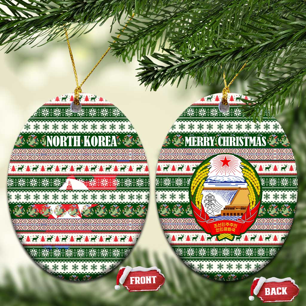 North Korea Christmas Ceramic Ornament with Green-Red Design, National Emblem, and Festive Snowflake Motif - Wonder Print Shop