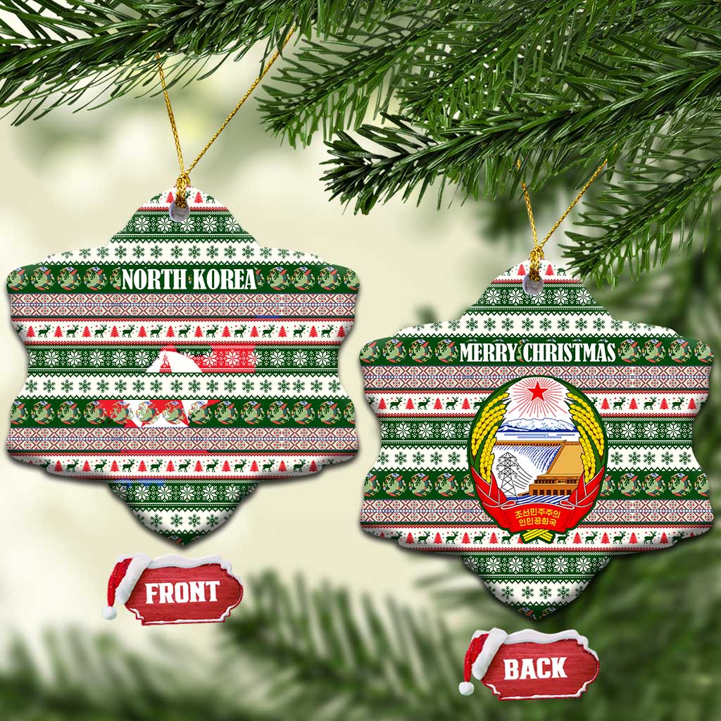 North Korea Christmas Ceramic Ornament with Green-Red Design, National Emblem, and Festive Snowflake Motif - Wonder Print Shop