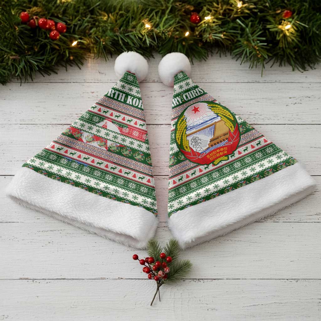 North Korea Christmas Santa Hat with Green-Red Design, National Emblem, and Festive Snowflake Motif - Wonder Print Shop