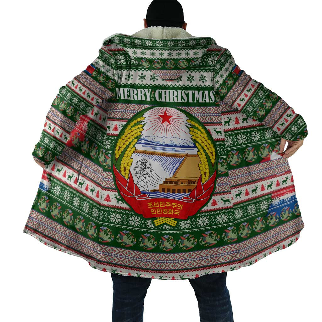North Korea Christmas Cloak with Green-Red Design, National Emblem, and Festive Snowflake Motif - Wonder Print Shop