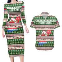 North Korea Christmas Couples Matching Long Sleeve Bodycon Dress and Hawaiian Shirt with Green-Red Design, National Emblem, and Festive Snowflake Motif - Wonder Print Shop