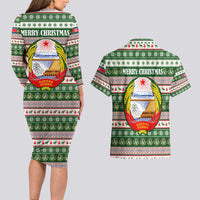 North Korea Christmas Couples Matching Long Sleeve Bodycon Dress and Hawaiian Shirt with Green-Red Design, National Emblem, and Festive Snowflake Motif - Wonder Print Shop