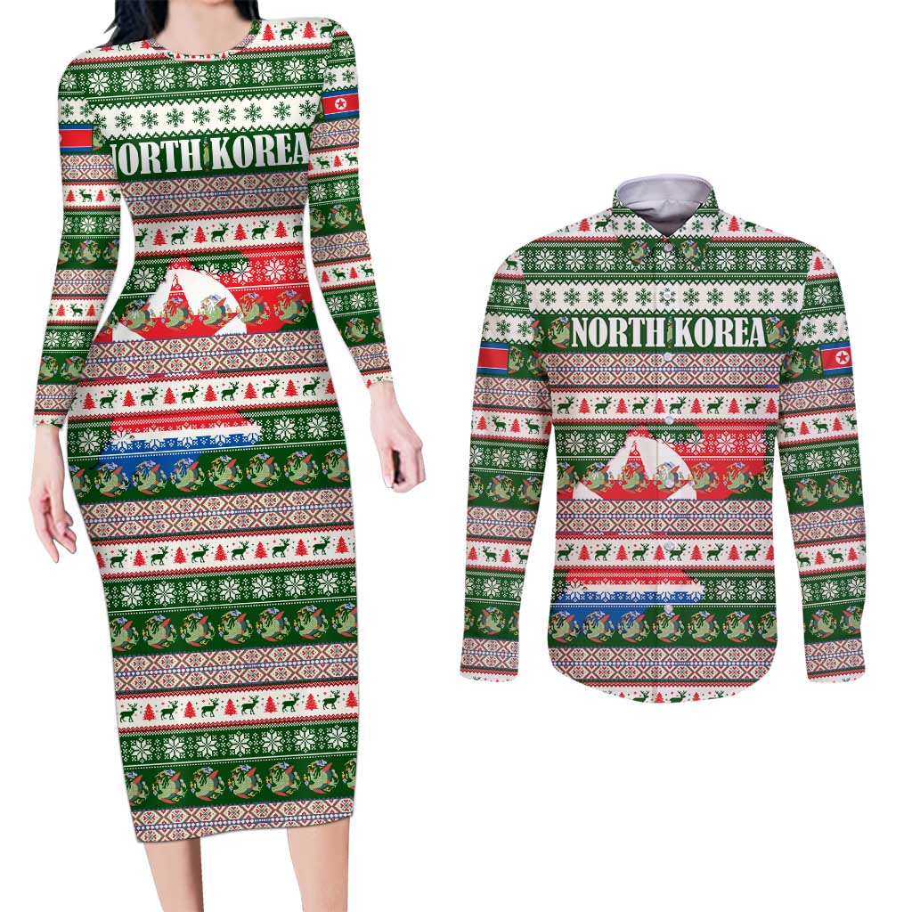 North Korea Christmas Couples Matching Long Sleeve Bodycon Dress and Long Sleeve Button Shirt with Green-Red Design, National Emblem, and Festive Snowflake Motif - Wonder Print Shop