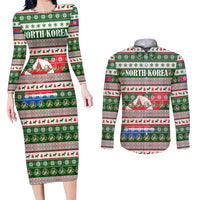 North Korea Christmas Couples Matching Long Sleeve Bodycon Dress and Long Sleeve Button Shirt with Green-Red Design, National Emblem, and Festive Snowflake Motif - Wonder Print Shop